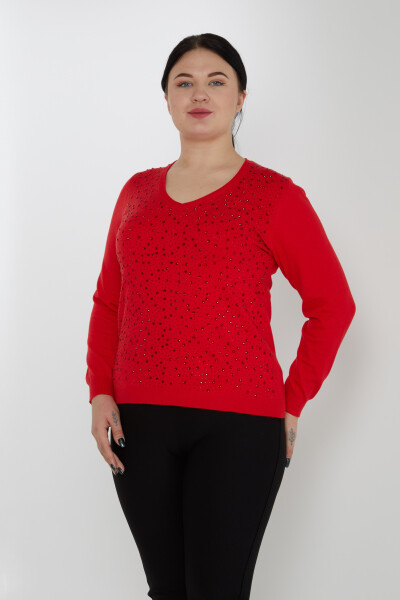 Pull en maille brodé de pierres de cristal à manches longues rouge - 31213 | KAZEE (Lot de 3 M-L-XL) - KAZEE 