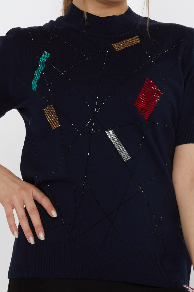 Pull en maille brodé de pierres colorées bleu marine - 30078 | KAZEE (Lot de 4 L-XL-2XL-3XL) - 3