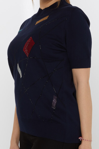Pull en maille brodé de pierres colorées bleu marine - 30078 | KAZEE (Lot de 4 L-XL-2XL-3XL) - 4