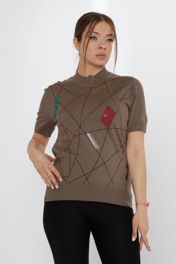 Pull en maille brodé de pierres colorées en vison - 30078 | KAZEE (Lot de 4 L-XL-2XL-3XL) - 2