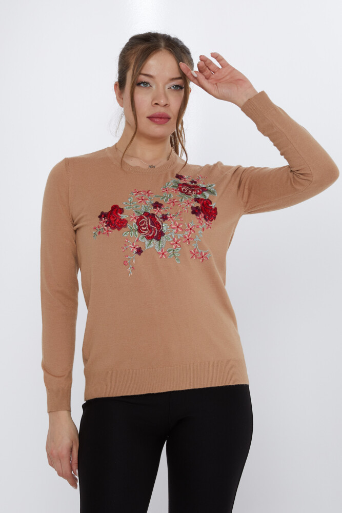 Pull en maille brodé de roses Camel - 31377 | KAZEE (Lot de 3 L-XL-2XL) - 1