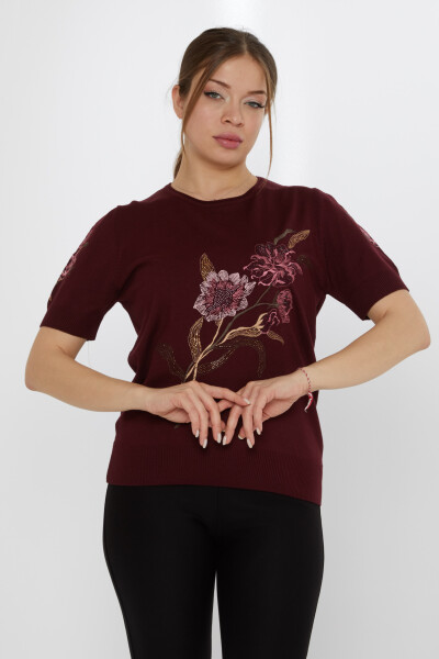 Pull en maille brodé floral prune - 31725 | KAZEE (Lot de 3 L-XL-2XL) - KAZEE (1)