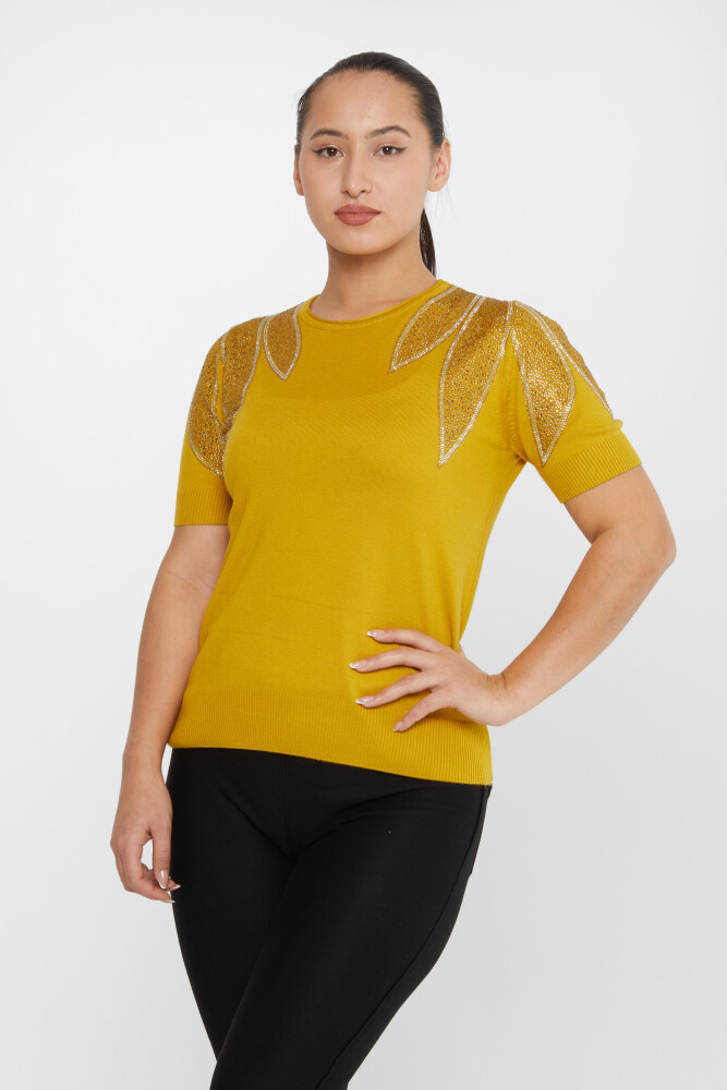 Pull en Maille Épaule Pierre Brodée Modèle Américain Safran - 30792 | KAZEE (Lot de 4 M-L-XL-2XL) - 2