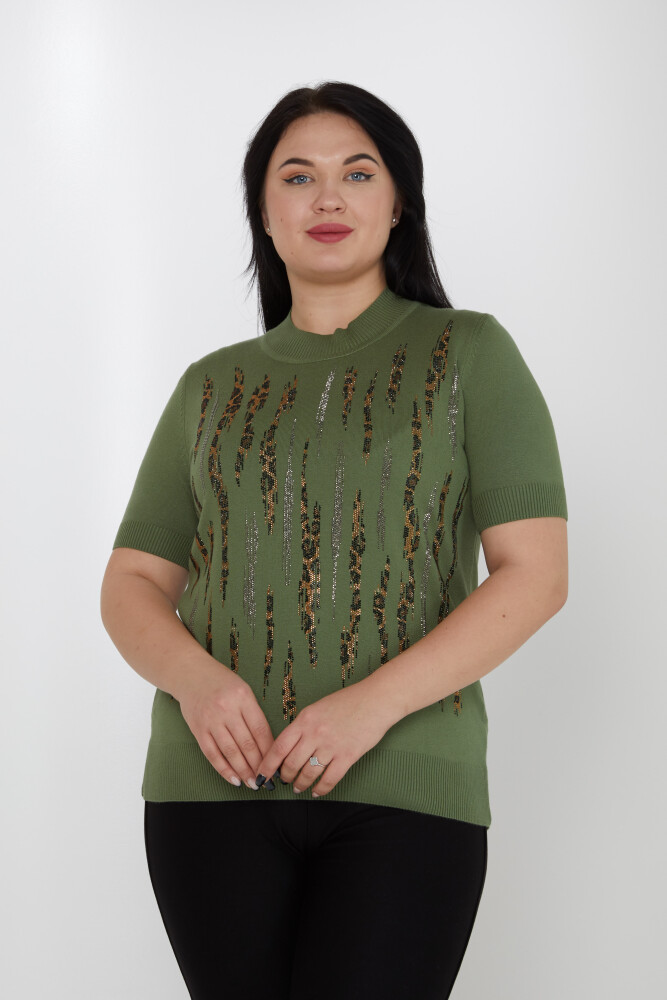 Pull en maille léopard brodé de pierres à col montant Kaki - 31565 | KAZEE (Lot de 3 M-L-XL) - 1