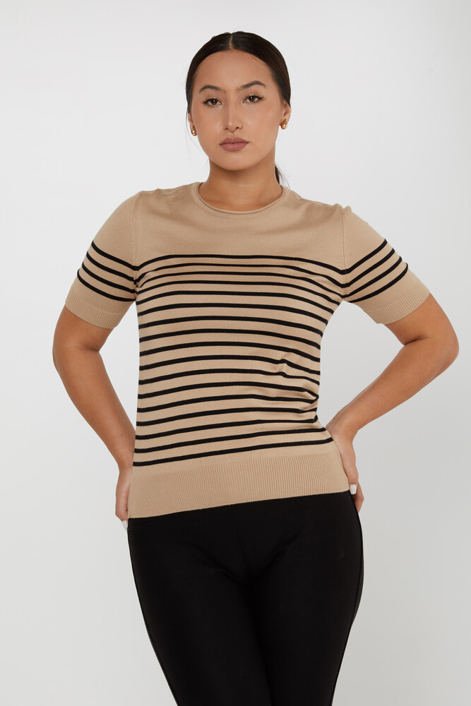 Pull en maille rayé à manches courtes beige - 30396 | KAZEE (Lot de 4 M-L-XL-2XL) - 1