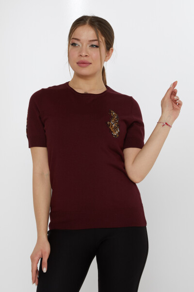 Pull en maille Tiger Stone brode prune - 31596 | KAZEE (Lot de 3 M-L-XL) - 2