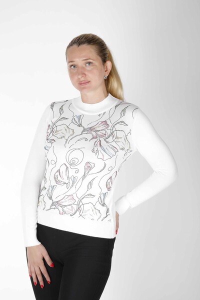 Pull En Maille Pierre Colorée Brodée Col Montant Ecru - 30593 | KAZEE (Lot de 4 M-L-XL-2XL) 