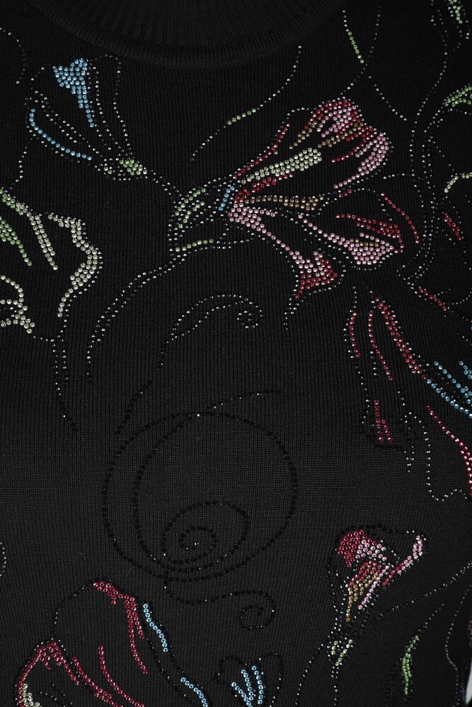 Pull en Maille Pierre Colorée Brodée Col Montant Noir - 30593 | KAZEE (Lot de 4 M-L-XL-2XL) - 2