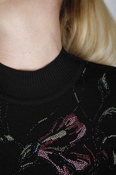 Pull en Maille Pierre Colorée Brodée Col Montant Noir - 30593 | KAZEE (Lot de 4 M-L-XL-2XL) - 3