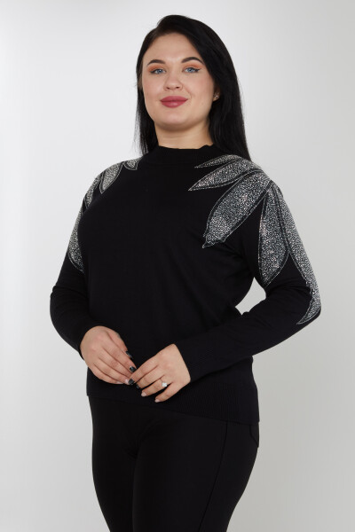 Pull en maille avec col montant et épaules brodées de pierres Noir-écru - 31601 | KAZEE (Lot de 3 M-L-XL) 