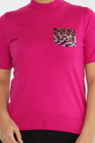 Pull Maille Léopard Brodé Pierre Col Montant Fuchsia - 31623 | KAZEE (Lot de 4 M-L-XL-2XL) - 3