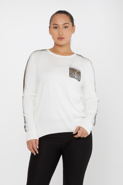 Pull En Maille Léopard Pierre Brodée Manches Longues Ecru - 31547 | KAZEE (Lot de 3 XL-2XL-3XL) 