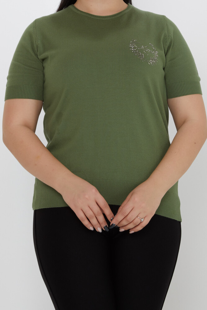 Pull en maille brodé de pierres à manches courtes Kaki - 31773 | KAZEE (Lot de 3 XL-2XL-3XL) - 2