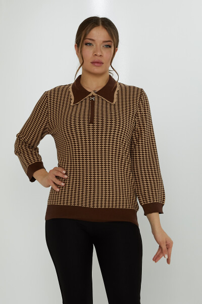 Pull en tricot col tablier motif pied-de-poule délavé café-vison - 31570 | KAZEE (Lot de 3 XL-2XL-3XL) - Kazee