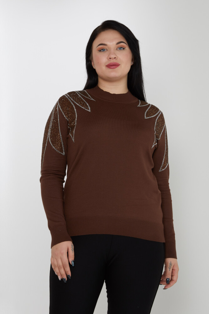 Pull en maille avec épaules brodées de pierres et col montant Marron - 31601 | KAZEE (Lot de 3 M-L-XL) - 1
