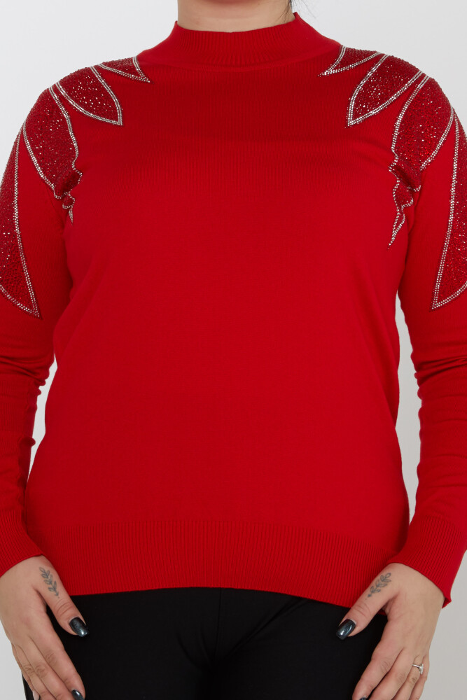 Pull en maille avec épaules brodées de pierres Col montant Rouge - 31601 | KAZEE (Lot de 3 M-L-XL) - 2