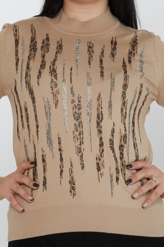 Pull en maille léopard brodé de pierres à col montant beige - 31565 | KAZEE (Lot de 3 M-L-XL) - 2