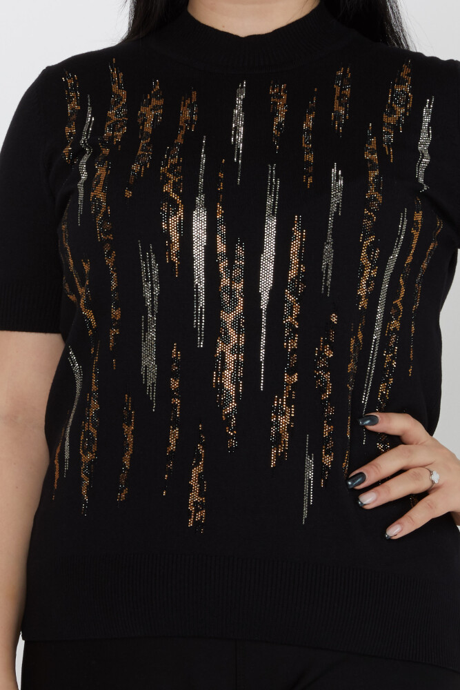 Pull en maille léopard brodé de pierres à col montant noir - 31565 | KAZEE (Lot de 3 M-L-XL) - 2