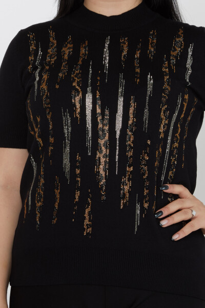 Pull en maille léopard brodé de pierres à col montant noir - 31565 | KAZEE (Lot de 3 M-L-XL) - 2