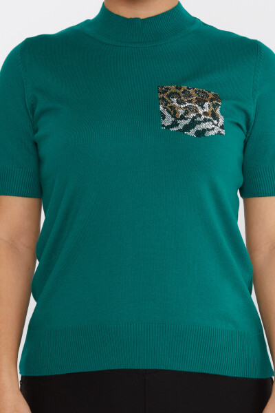 Pull en maille léopard brodé de pierres à col montant vert - 31623 | KAZEE (Lot de 4 M-L-XL-2XL) - 3