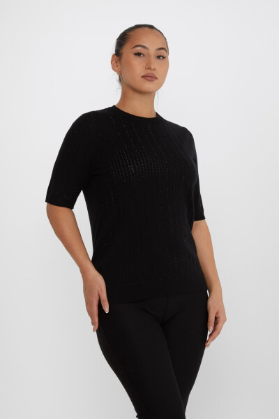 Pull en maille à manches courtes avec rayures et broderies noires - 31094 | KAZEE (Lot de 3 M-L-XL) - 2