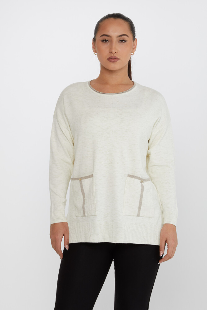 Pull en maille avec poche et détails lamés pailletés écru - 31390 | KAZEE (Lot de 3 XL-2XL-3XL) - 1