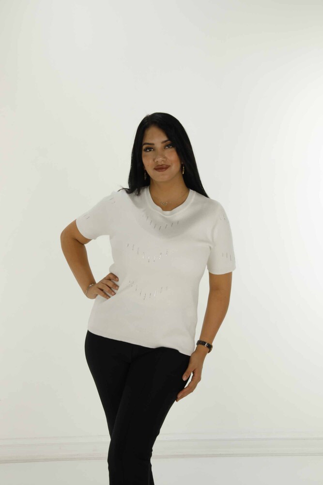 ملابس تريكو لامعة برقبة دائرية وأكمام قصيرة إكرو - 30714 | كازي - 1