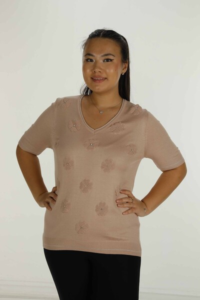 بودرة تريكو بأكمام قصيرة ورقبة على شكل حرف V - 30814 | كازي 