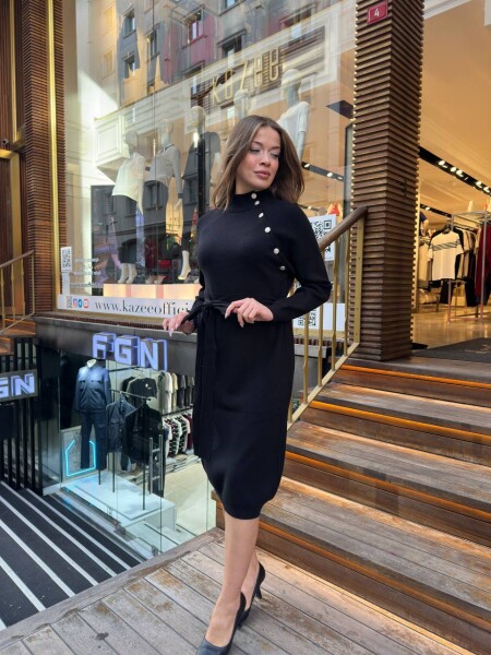 Rochie cu nasturi detaliat în talie cravată cu mânecă lungă neagră - 30283 | KAZEE (Set de 4 S-M-L-XL) - Kazee