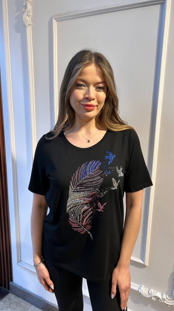 Блузка, украшенная разноцветными камнями, черная - 80126 | KAZEE (комплект из 3 предметов, размеры M-L-XL) - 1