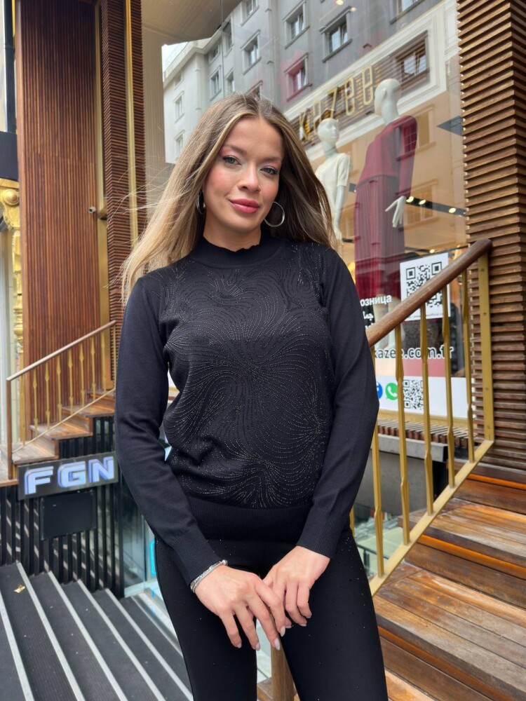 Вязаный свитер с отделкой камнями, черный - 32065 | KAZEE (комплект из 3 предметов, размеры L-XL-2XL) - 1