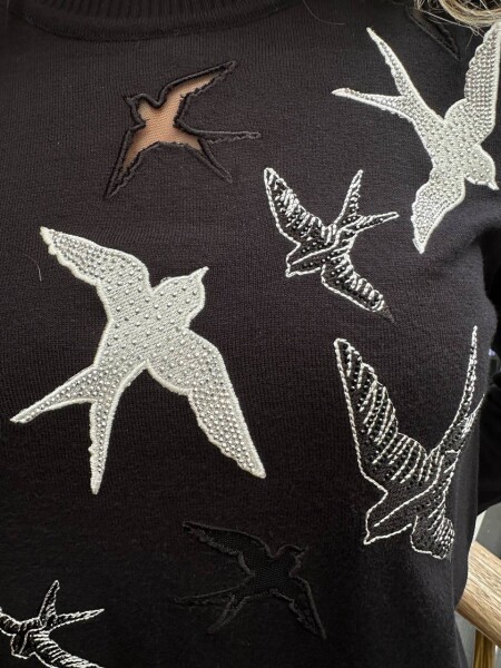 Вязаный свитер с рисунком птиц - Черный - 31064 | KAZEE (комплект из 3 предметов, размеры M-L-XL) - 4