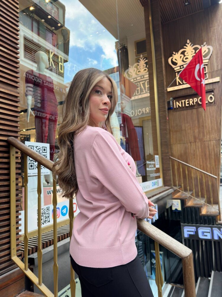 Вязаный свитер с цветочной вышивкой, нежно-розовый, 32167 | KAZEE (комплект из 3 предметов, размеры S-M-L) - 6