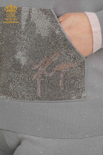 Set tuta da donna all'ingrosso - con cappuccio - pietra ricamata - grigio - 16501 | KAZEE - Thumbnail