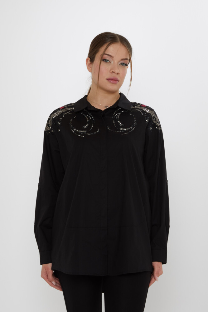 Shirt - Shoulder Stone Embellished - Black - 20542 | KAZEE (Set of 3: Sizes 46-48-50) - 2