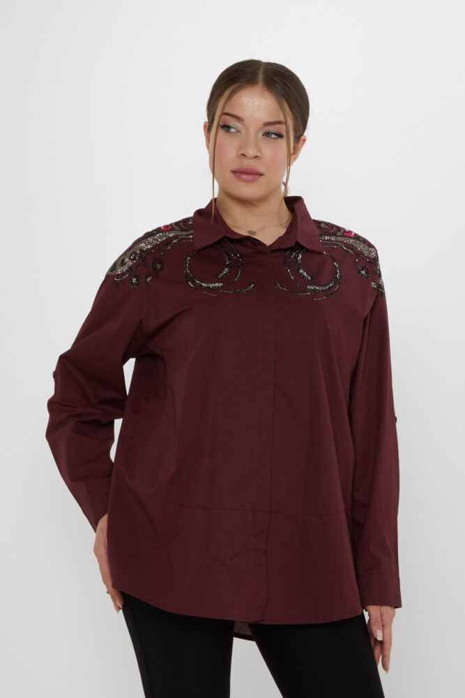 Shirt with Stone Embellished Shoulders, Burgundy - 20542 | KAZEE (Set of 3: Sizes 46-48-50) - 1