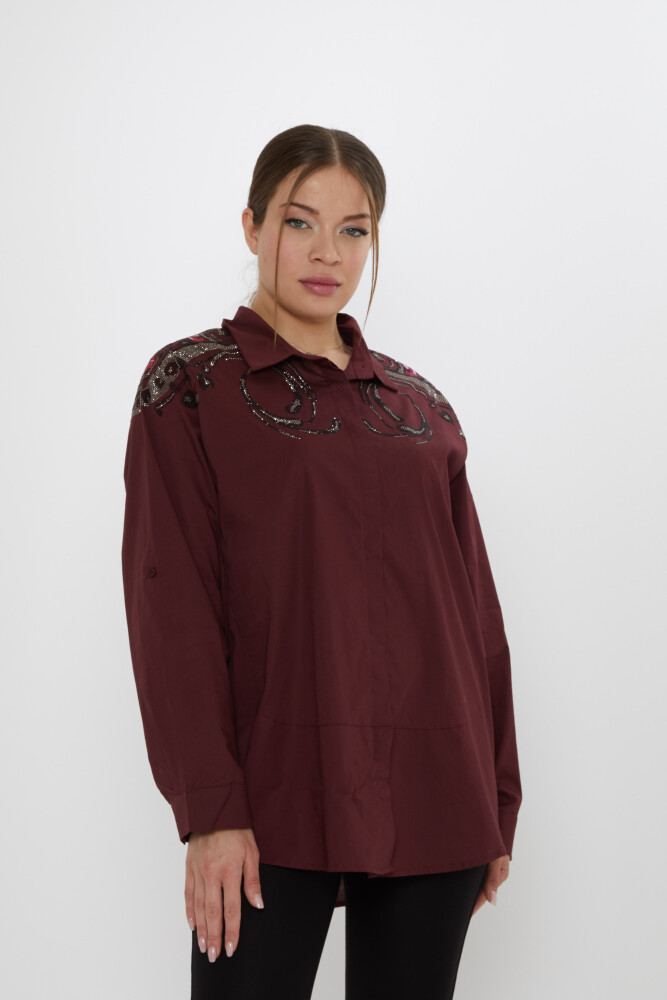 Shirt with Stone Embellished Shoulders, Burgundy - 20542 | KAZEE (Set of 3: Sizes 46-48-50) - 2