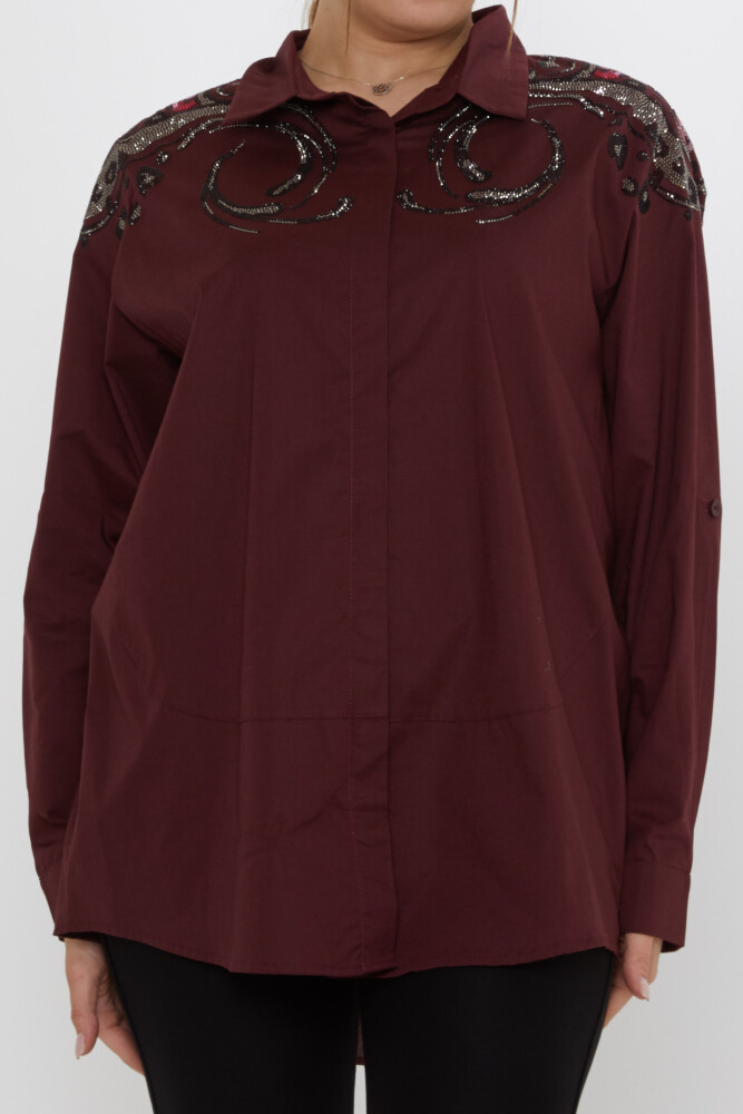 Shirt with Stone Embellished Shoulders, Burgundy - 20542 | KAZEE (Set of 3: Sizes 46-48-50) - 3