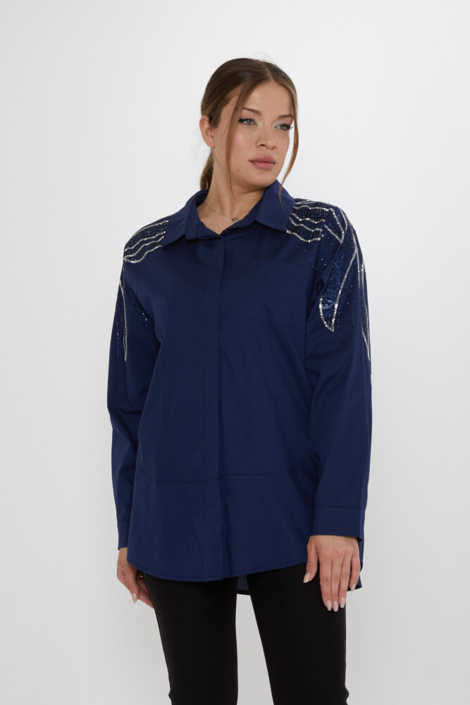 Shirt - Shoulder Stone Embellished - Navy Blue - 20552 | KAZEE (Set of 3: Sizes 46-48-50) - 1
