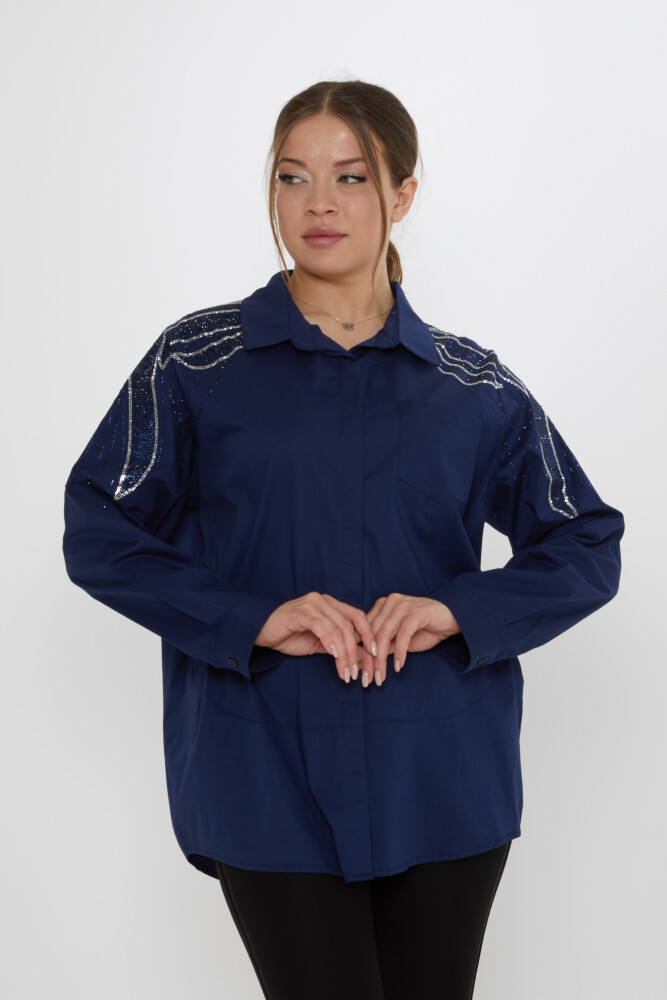 Shirt - Shoulder Stone Embellished - Navy Blue - 20552 | KAZEE (Set of 3: Sizes 46-48-50) - 2