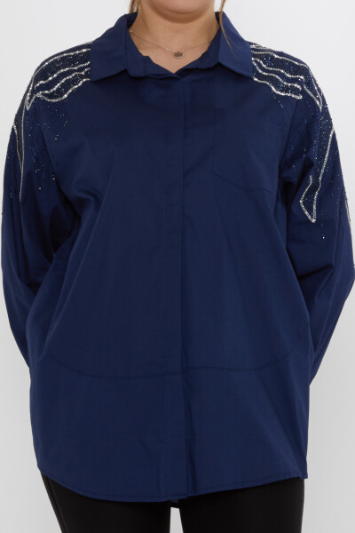 Shirt - Shoulder Stone Embellished - Navy Blue - 20552 | KAZEE (Set of 3: Sizes 46-48-50) - 3