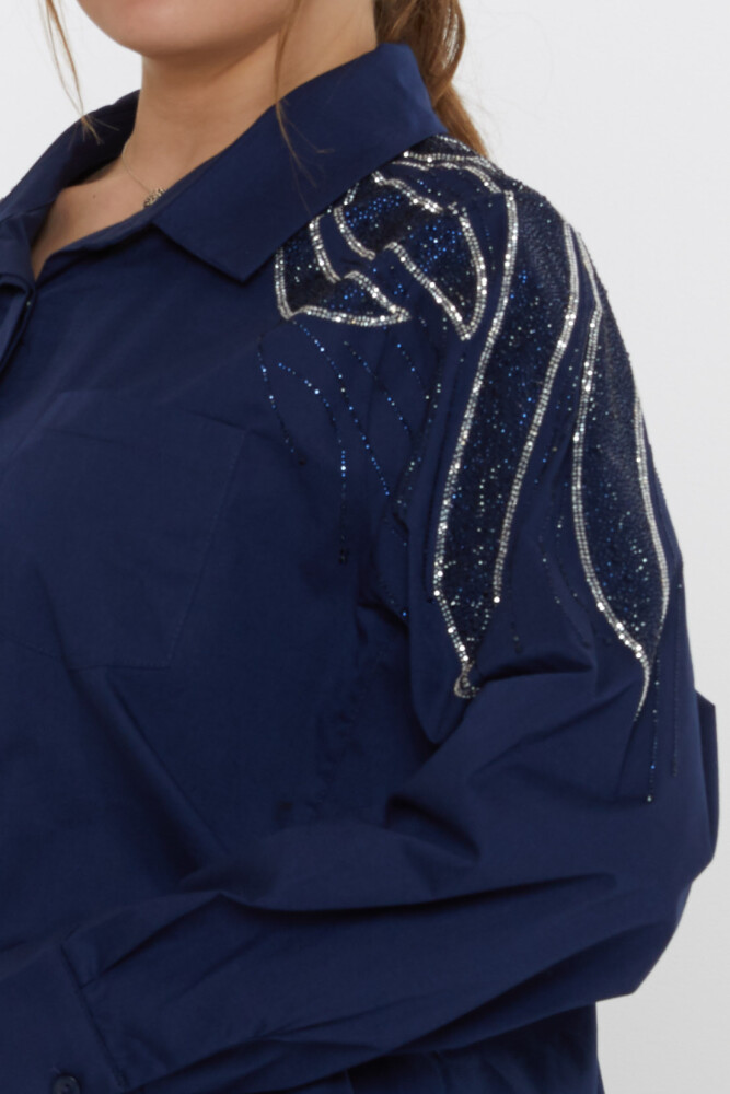Shirt - Shoulder Stone Embellished - Navy Blue - 20552 | KAZEE (Set of 3: Sizes 46-48-50) - 6