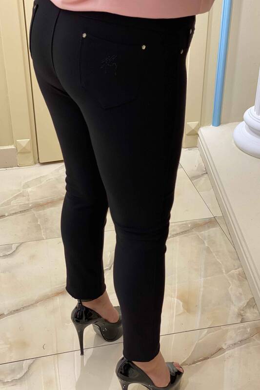 Toptan Kadın Pantolon Taş İşlemeli Siyah Kemerli - 3201 | KAZEE