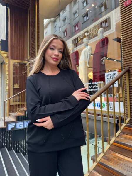 Спортивный костюм с отделкой камнями, черный - 17761 | KAZEE (комплект из 3 предметов, размеры M-L-XL) - 4