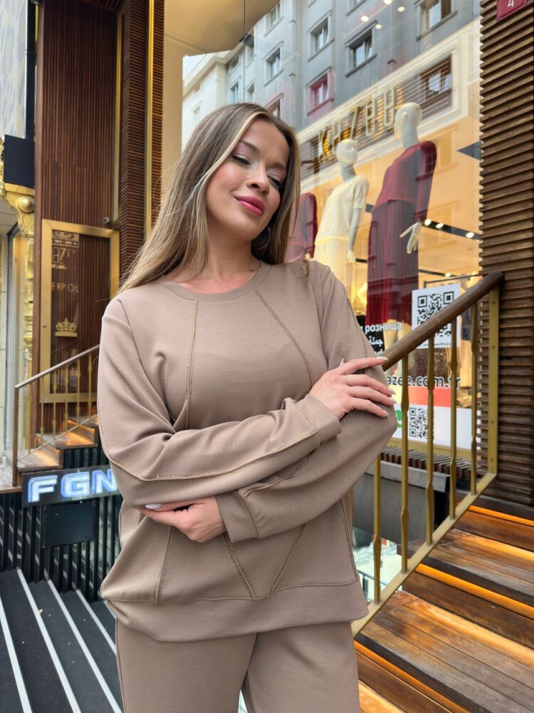 Спортивный костюм с отделкой камнями, темно-бежевый - 17761 | KAZEE (комплект из 3 предметов, размеры M-L-XL) - 4