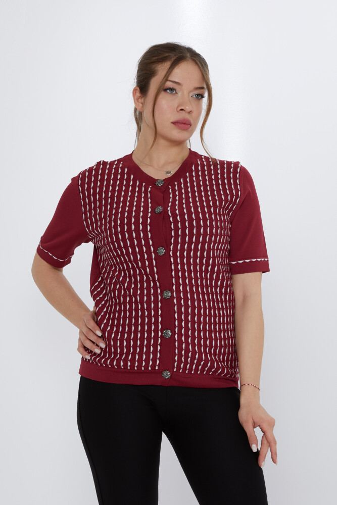Strick-Cardigan mit Knopfdetail, Bordeauxrot-Knochengrau – 31800 | KAZEE (3er Set S-M-L) - 2