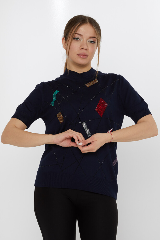 Strickpullover mit farbigen Steinen bestickt, Marineblau – 30078 | KAZEE (4er-Set L-XL-2XL-3XL) - 1