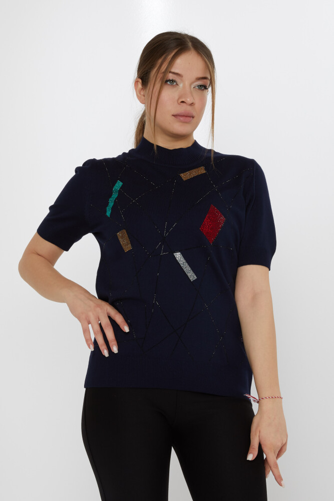 Strickpullover mit farbigen Steinen bestickt, Marineblau – 30078 | KAZEE (4er-Set L-XL-2XL-3XL) - 2