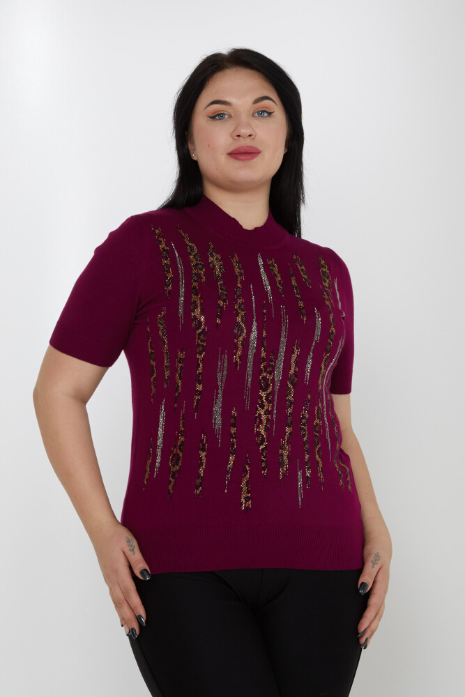 Strickpullover Leopardenstein Bestickter Stehkragen Lila - 31565 | KAZEE (3er-Set M-L-XL) - 1