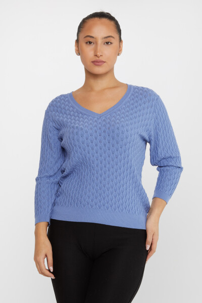 Strickpullover mit selbstgemustertem V-Ausschnitt, Blau – 31247 | KAZEE (3er-Set M-L-XL) 
